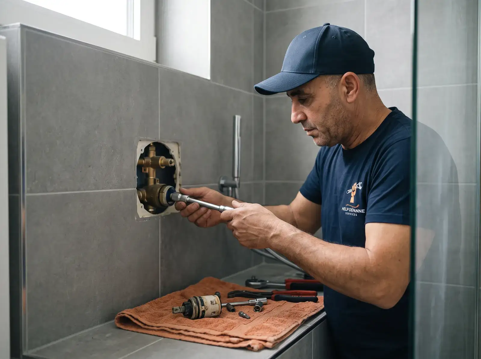 Sami change la cartouche d'un mitigeur de douche encastré dans une salle de bains rénovée