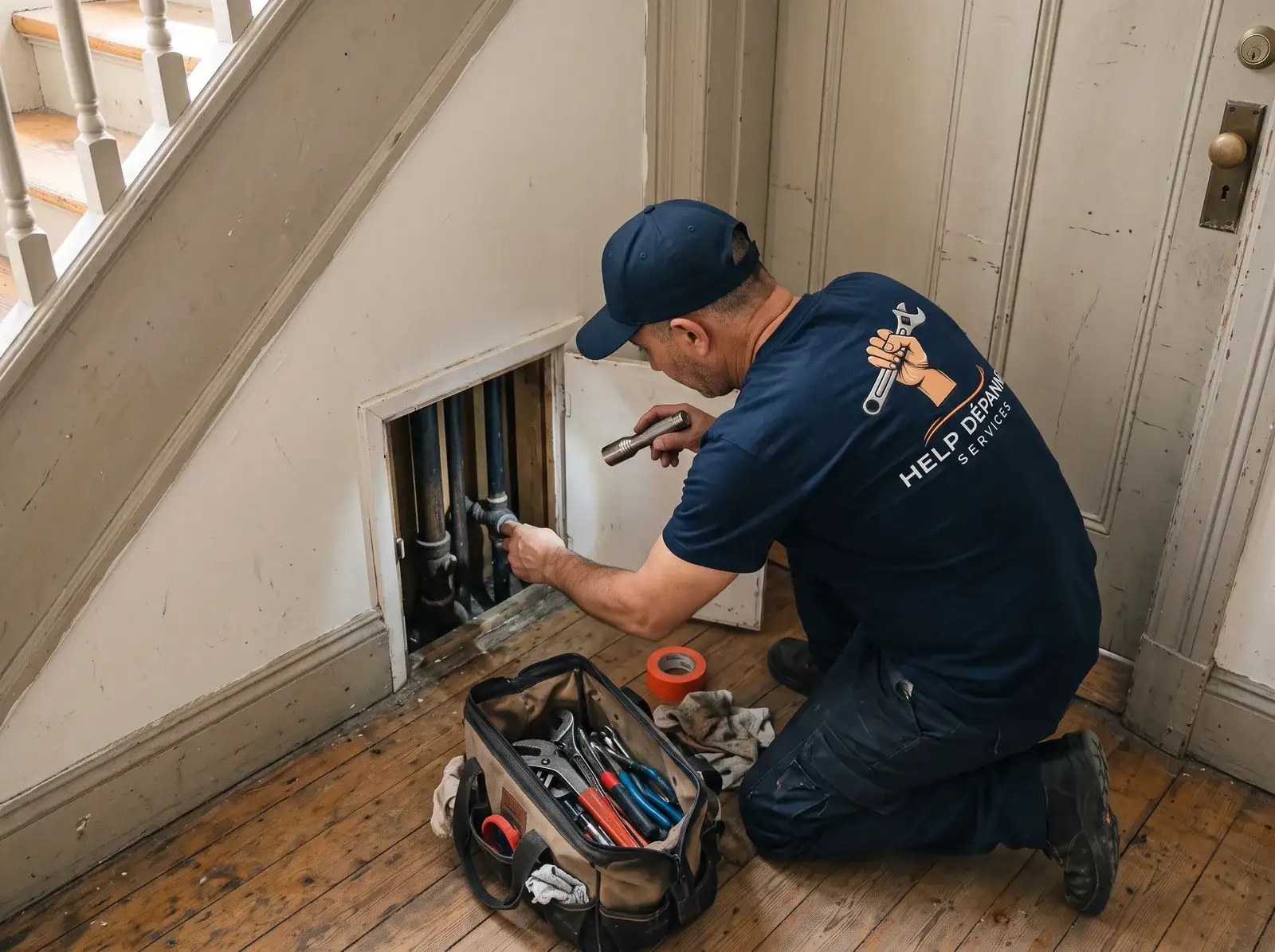 Sami contrôle les tuyaux derrière une trappe sur le palier d'une maison divisée en appartements