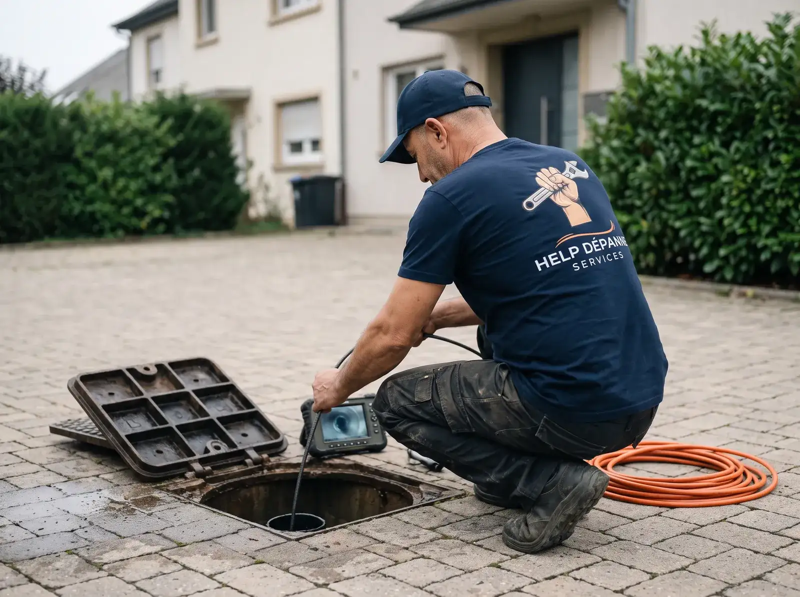 Sami inspecte une canalisation par caméra depuis un regard ouvert devant une maison
