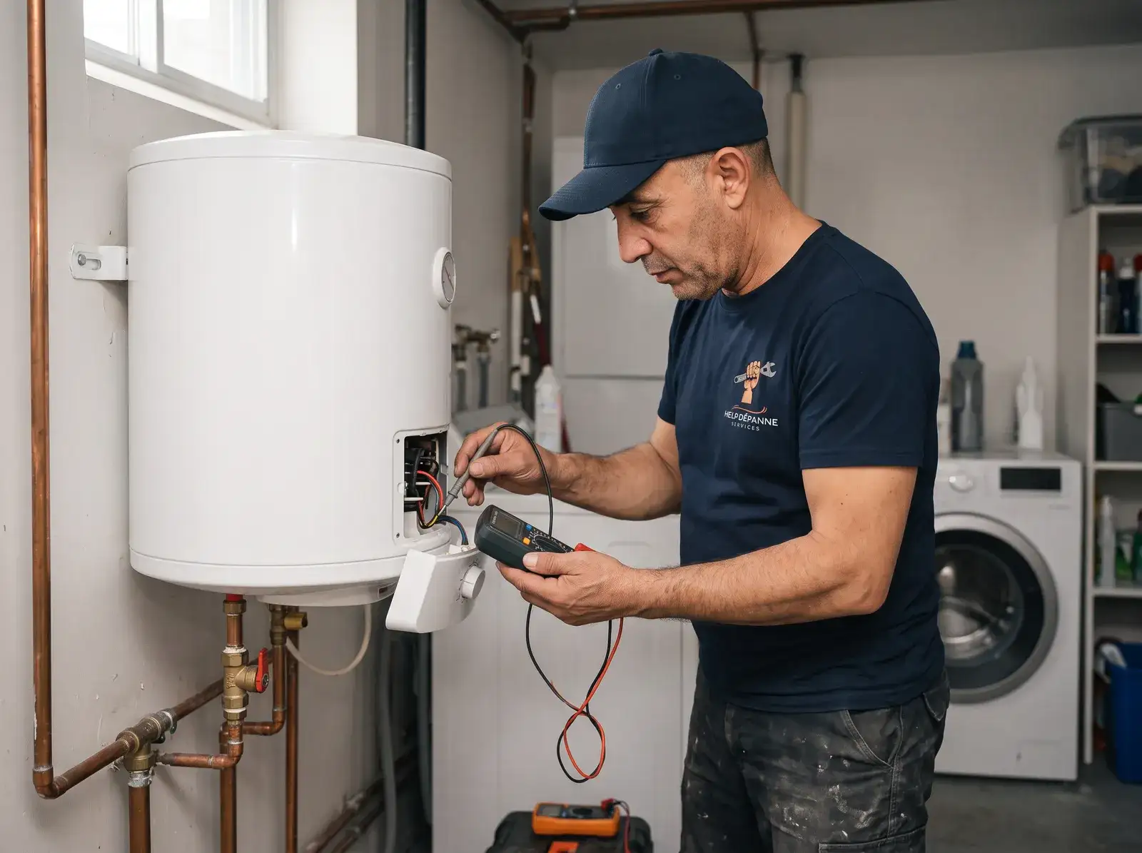 Sami contrôle le thermostat d’un chauffe-eau électrique au multimètre, dans une buanderie