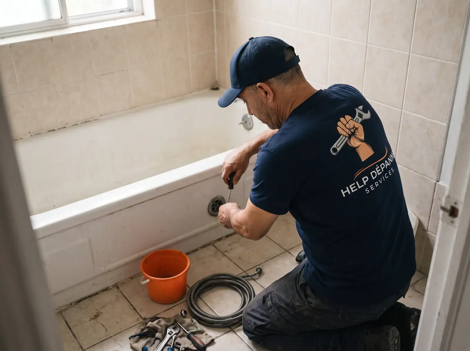 Sami démonte la bonde d'une baignoire bouchée dans un appartement