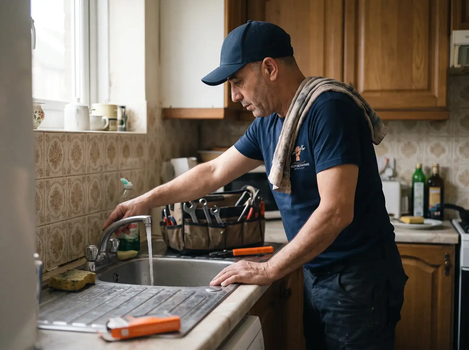 Sami vérifie que l'évier se vide bien après le débouchage, dans la cuisine d'une maison ancienne