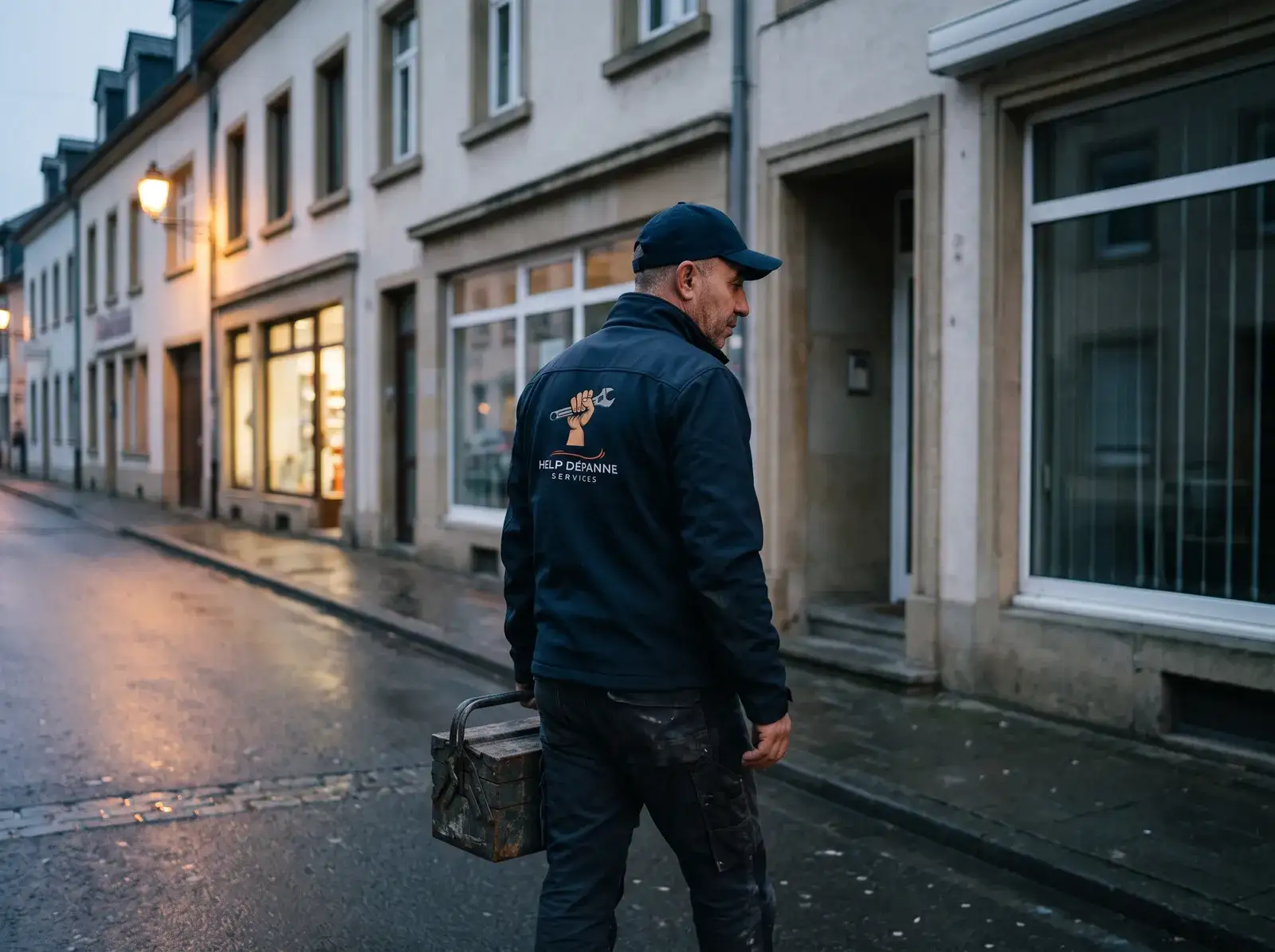Sami arrive à la nuit tombée dans une rue commerçante, caisse à outils à la main