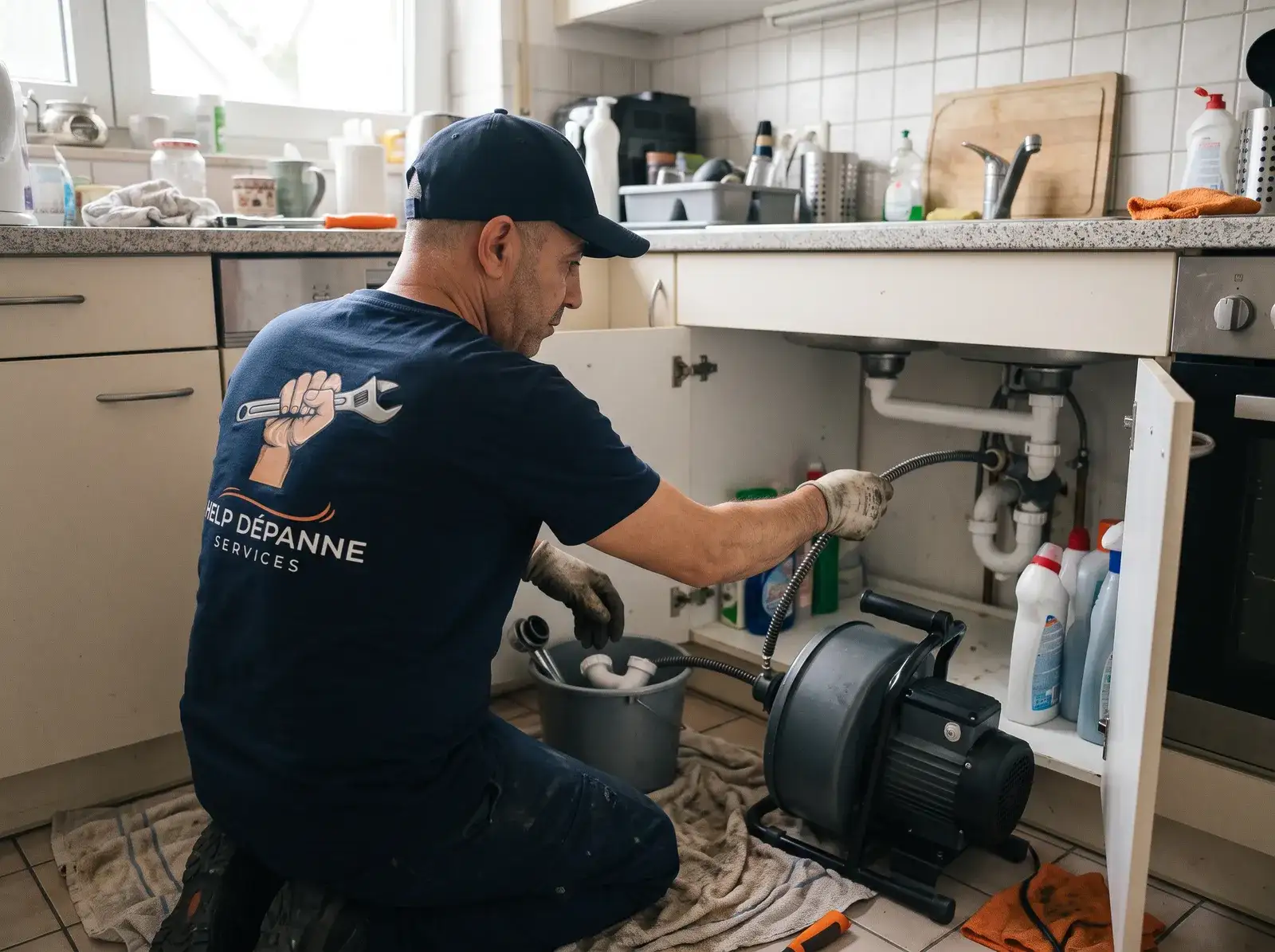 Sami, notre plombier, débouche l’évacuation d’un évier de cuisine avec une machine à câble électrique