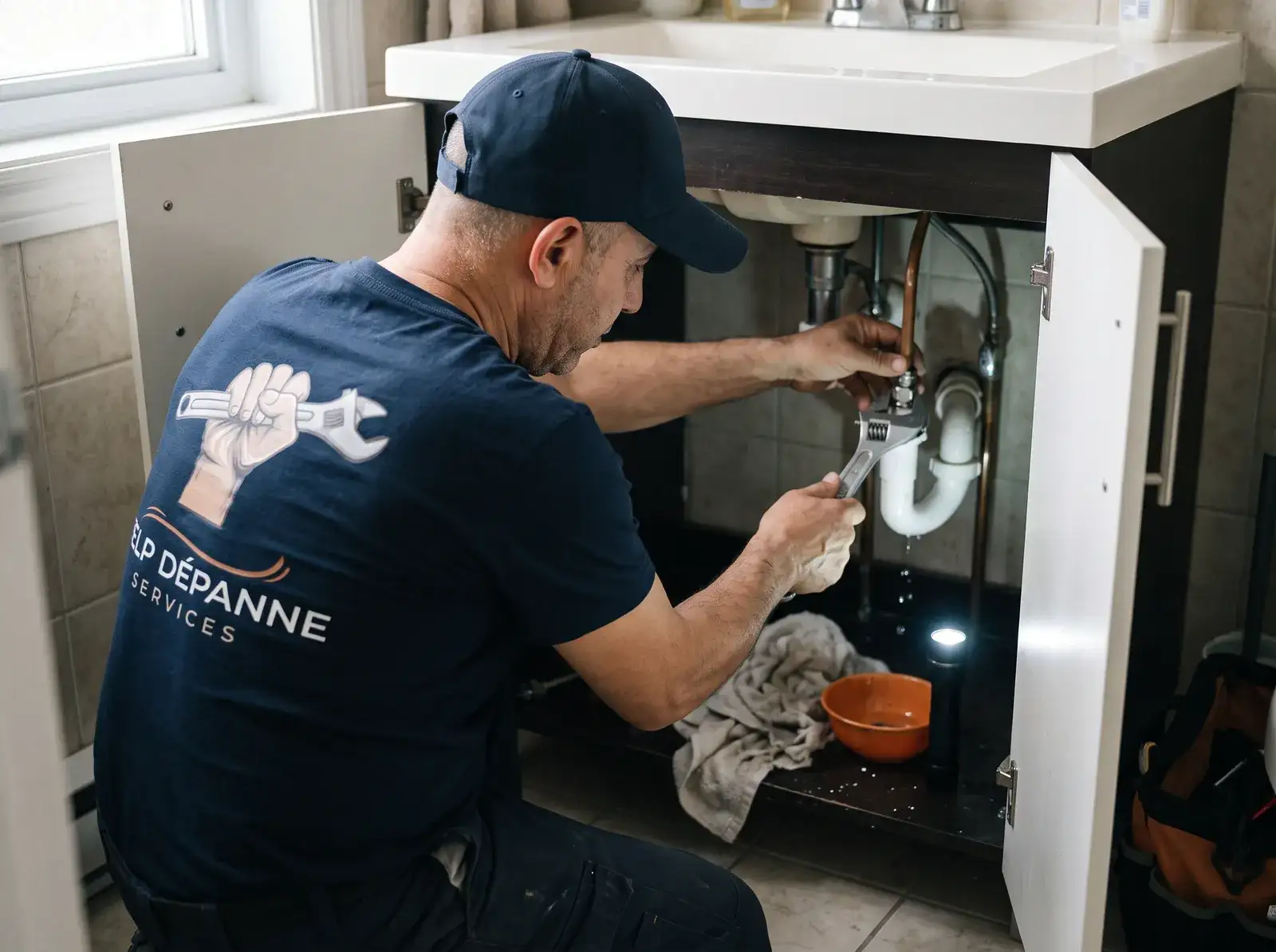 Sami resserre un raccord qui fuit sous un lavabo, une bassine récupère les gouttes