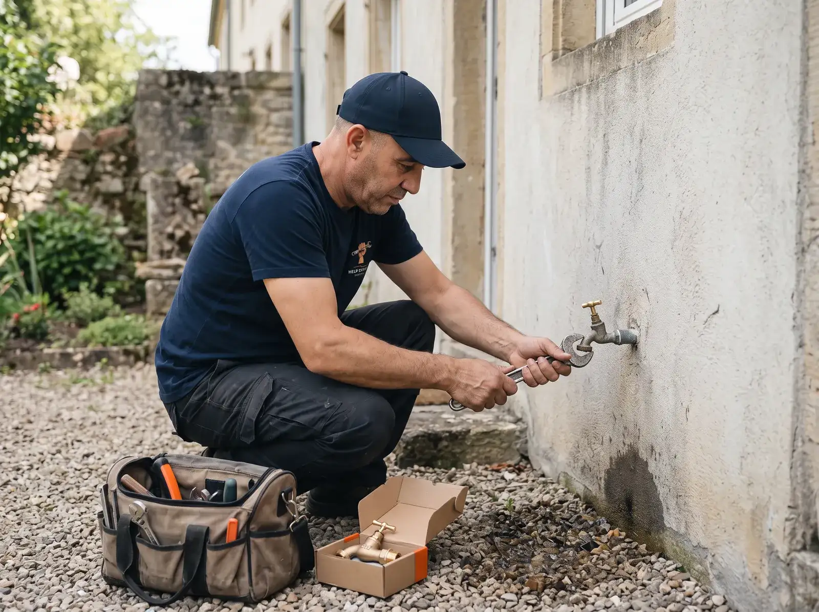 Sami remplace un robinet extérieur qui fuit sur le mur d'une maison de village