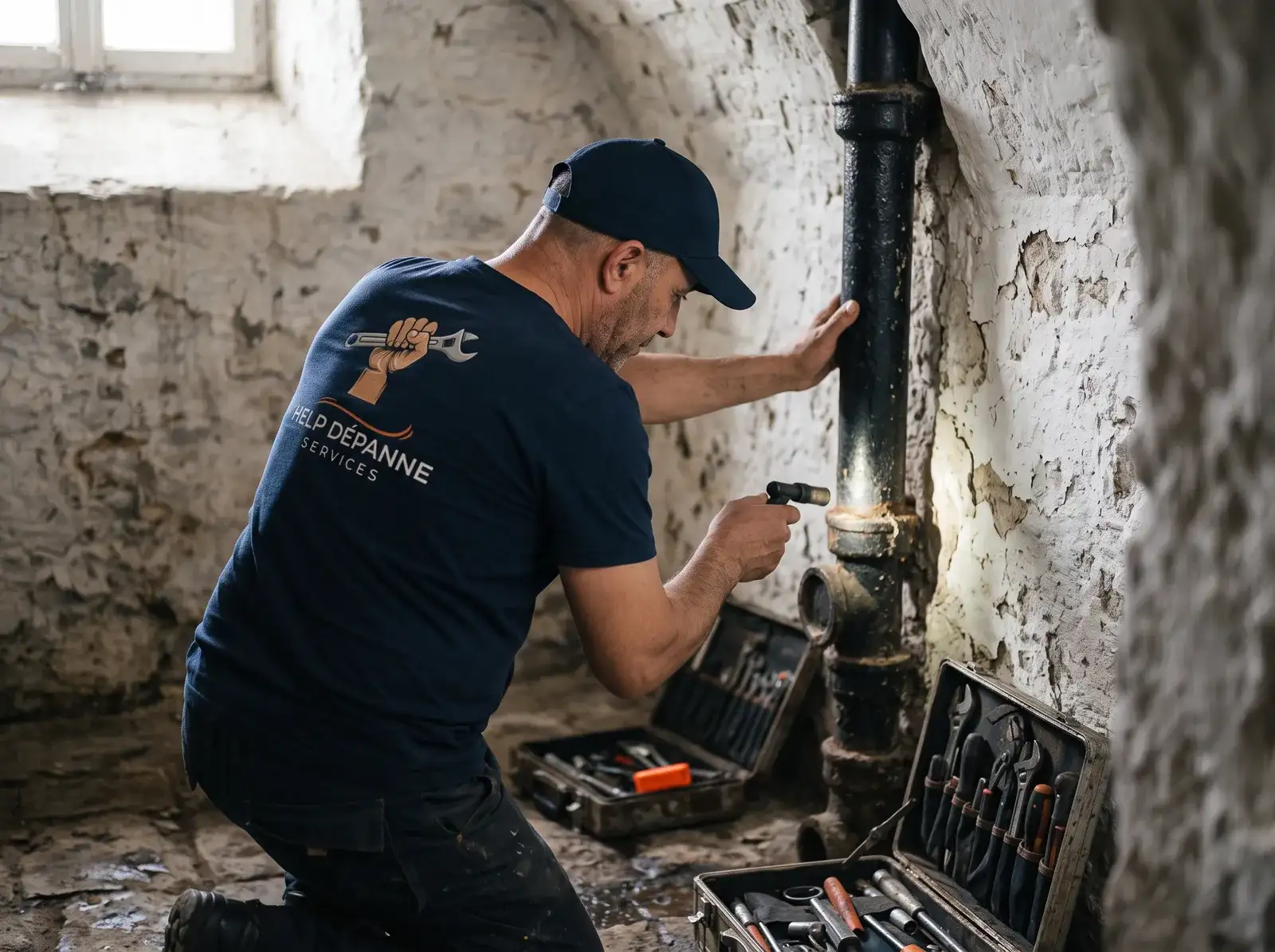 Sami inspecte à la lampe une vieille descente en fonte dans la cave voûtée d'une maison ancienne
