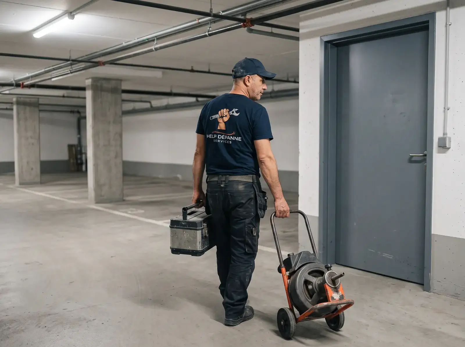 Sami traverse le parking souterrain d'une résidence vers le local technique, avec sa machine de débouchage