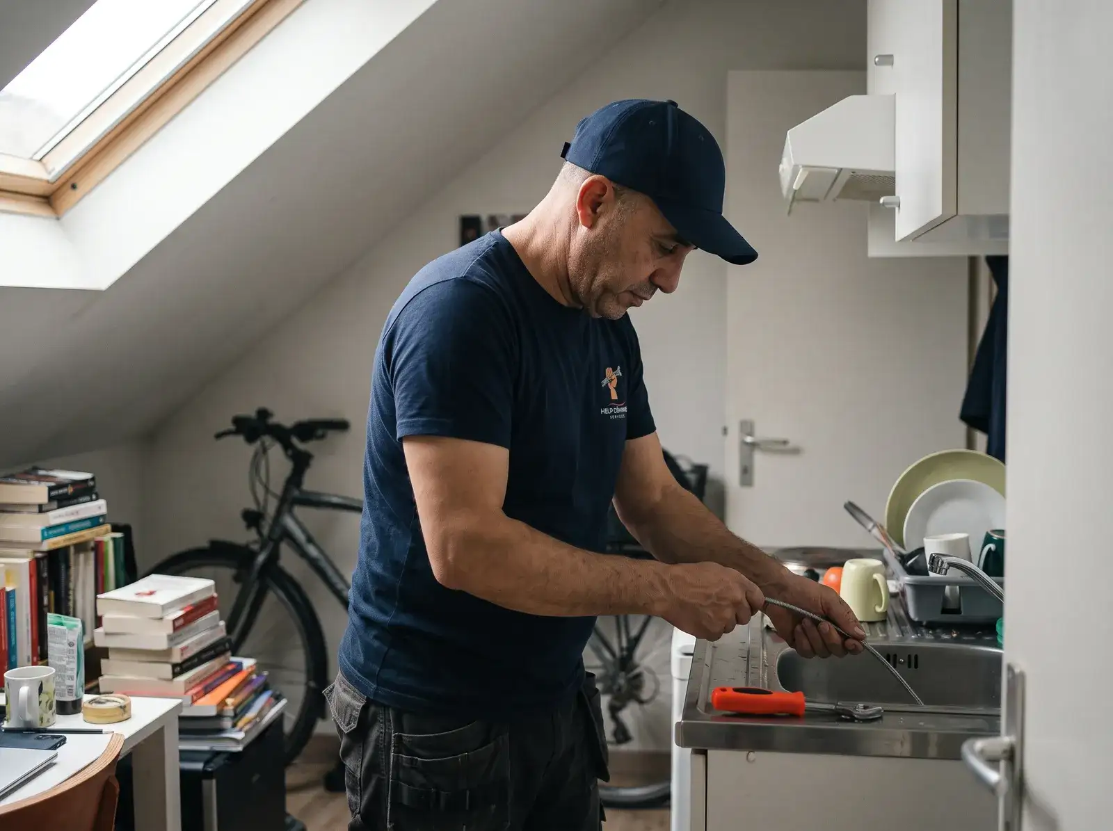 Sami débouche l'évier de la kitchenette d'un studio sous les toits