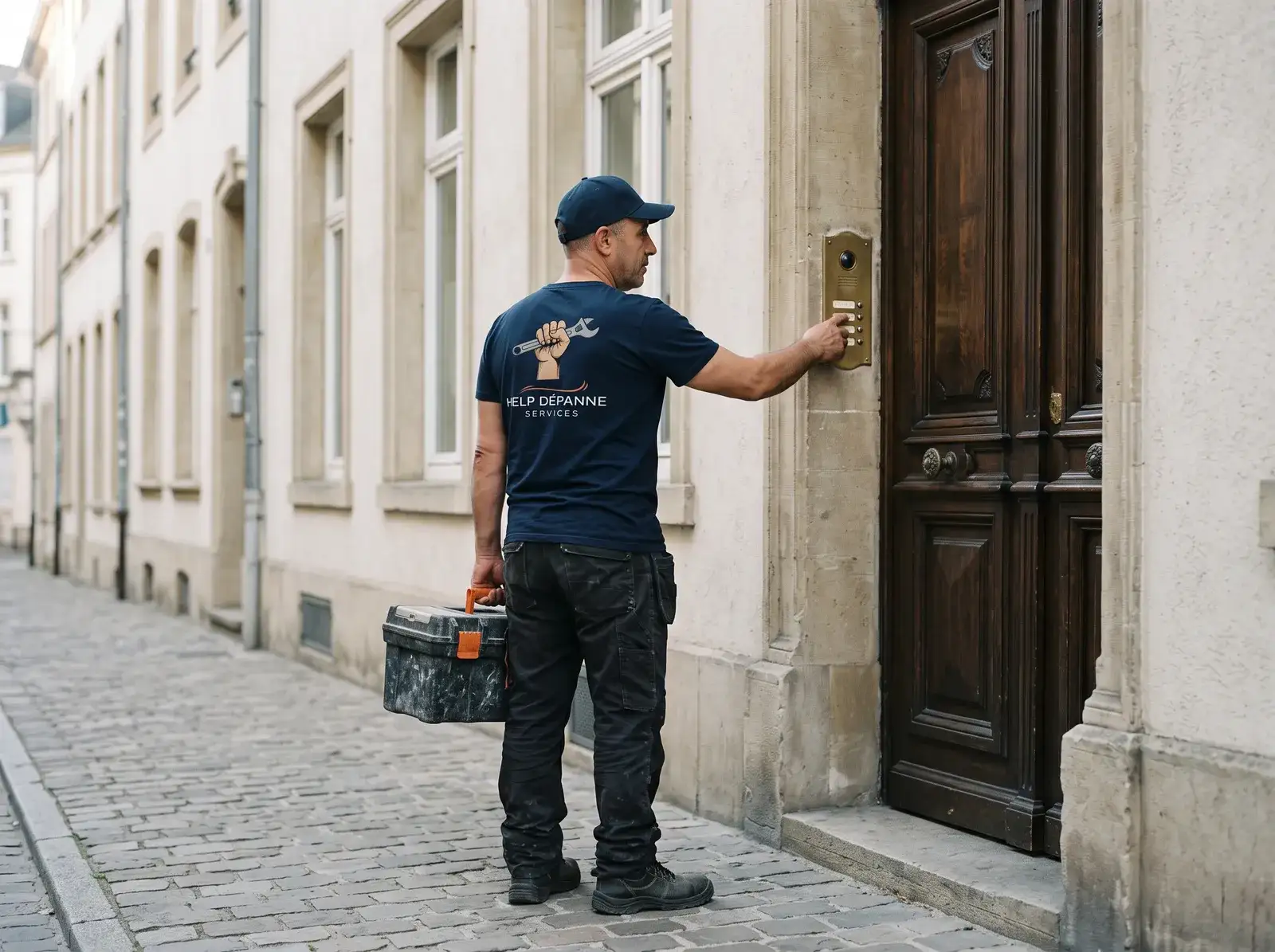Sami sonne à l'interphone d'une maison de ville à Luxembourg, caisse à outils à la main
