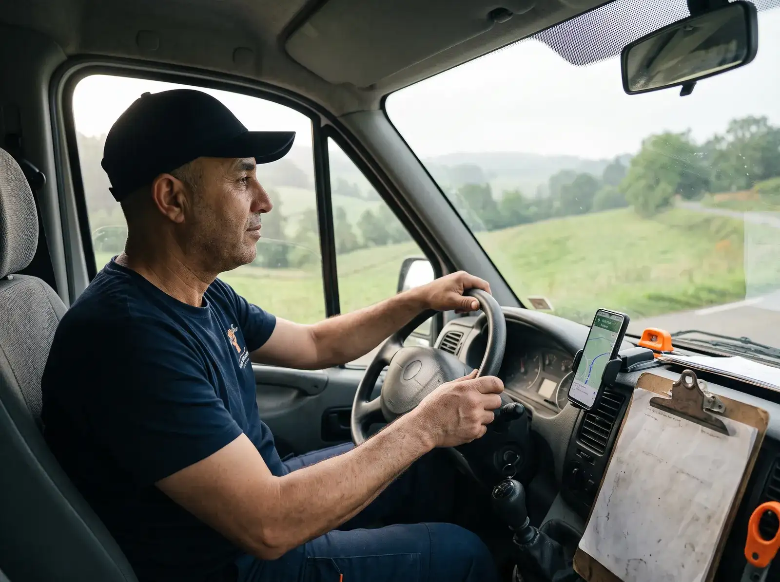 Sami au volant de son utilitaire sur une route de campagne, en route vers une intervention