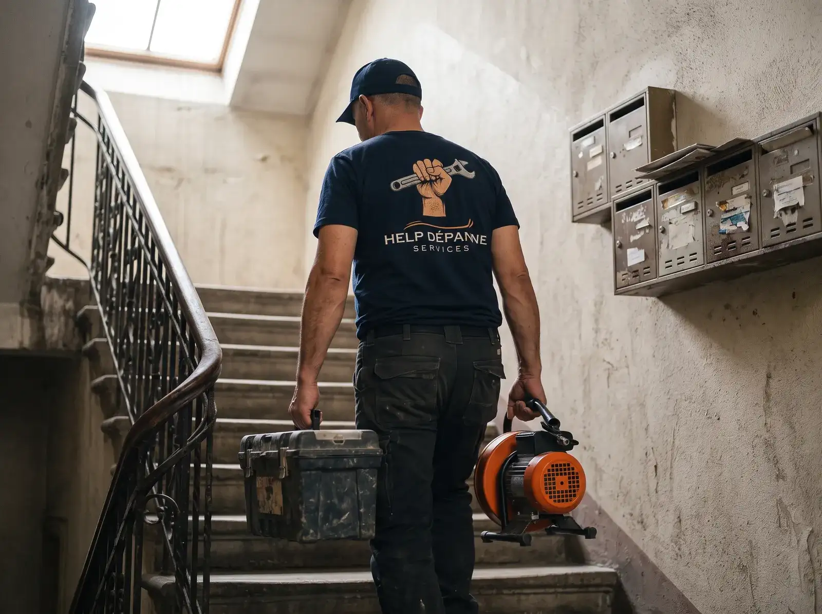 Sami, notre plombier, monte l'escalier d'un immeuble avec sa caisse à outils et sa machine de débouchage