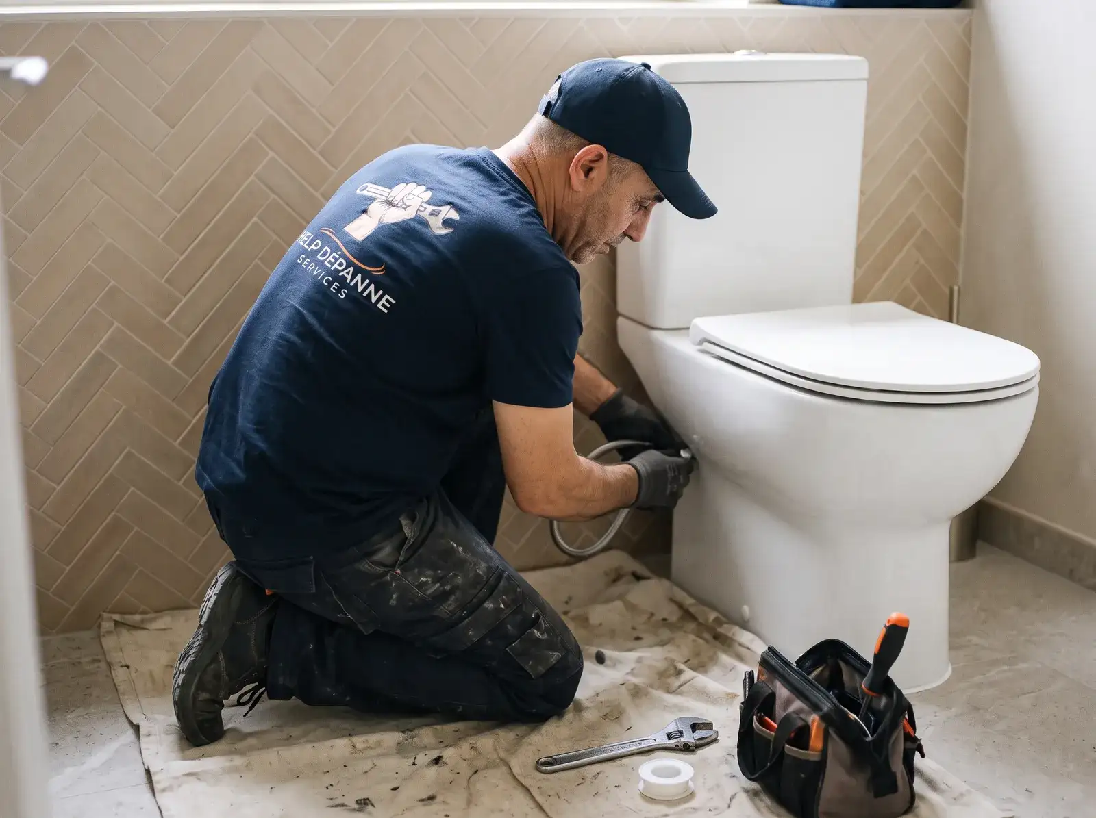 Sami, notre plombier, raccorde le flexible d’alimentation d’un WC neuf en céramique, à genoux sur une bâche de protection