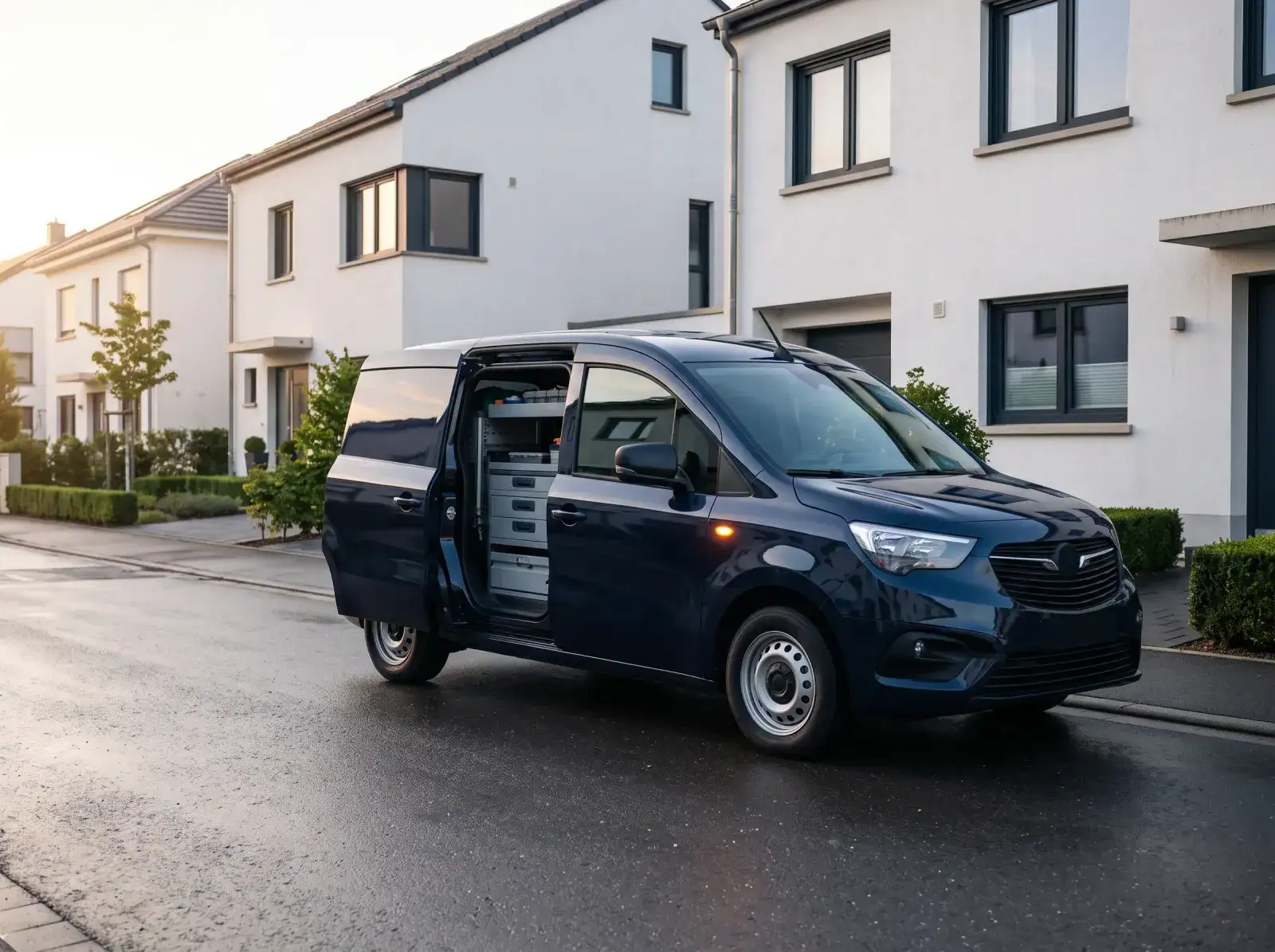 Utilitaire d’intervention garé dans une rue résidentielle au lever du jour