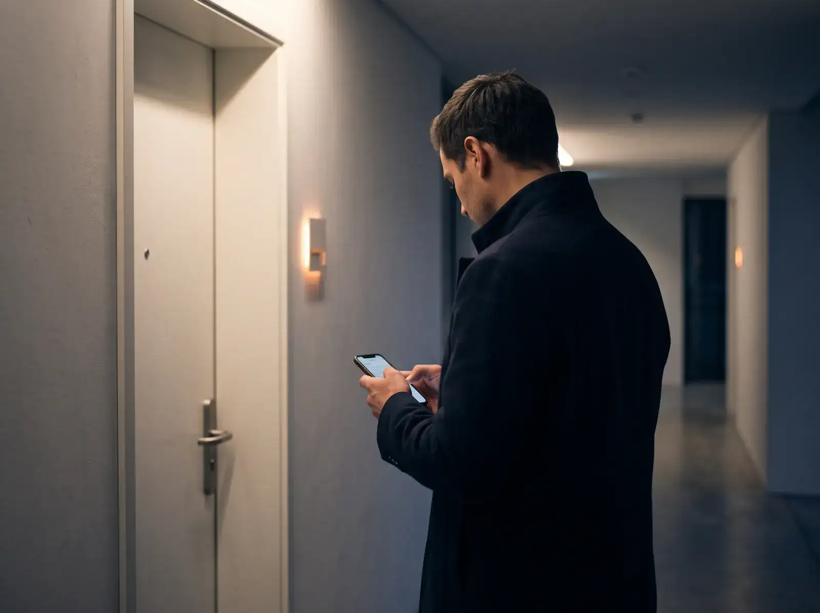 Personne écrivant un message devant sa porte, le soir