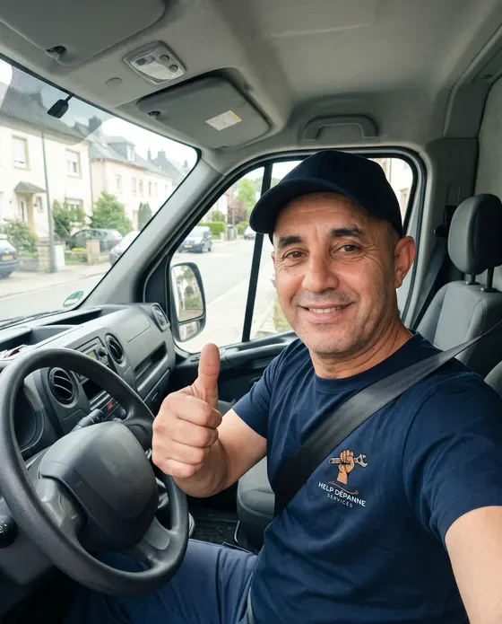 Sami, technicien de Help Dépanne Services, pouce levé au volant de sa camionnette
